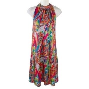 Chelsea Gunn pink multicolor printed halter jersey stretch shift dress Medium M